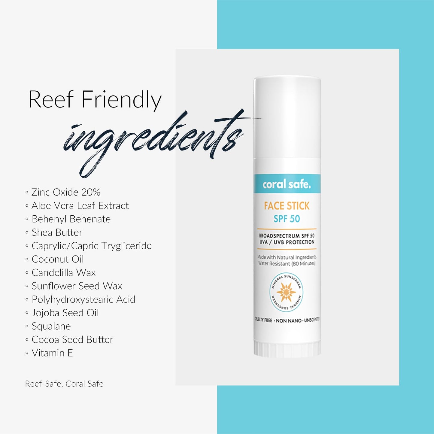 Coral Safe SPF 50 Face Stick Sunscreen, Hawaii & Mexico Approved, Biodegradable, Zinc, Vitamin E, Oxybenzone & Octinoxate Free, Water Resistant, Natural Ingredients, Made in USA by Coral Safe