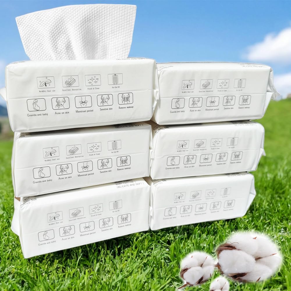 Disposable Cotton Facial Cleansing Dry Wipes, White, Soft Towelettes for Face, 600 Count (Pack of 6)