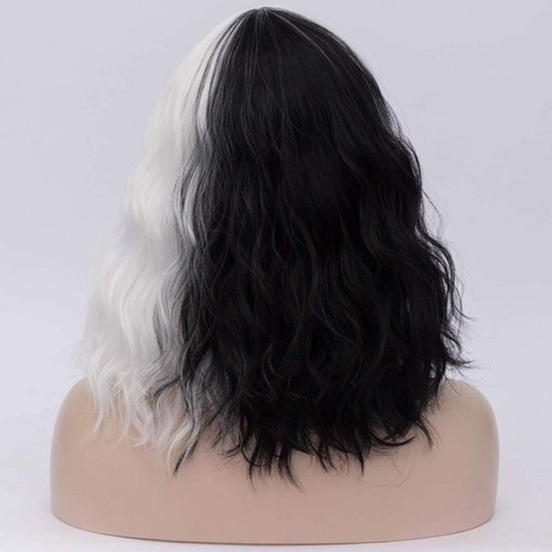 BERON 14 Inches Black White Women’s Black White Curly Wig with Bangs Two Tone Wig for Women Halloween Cosplay Wig for Daily Use Synthetic Wigs (Black and White)