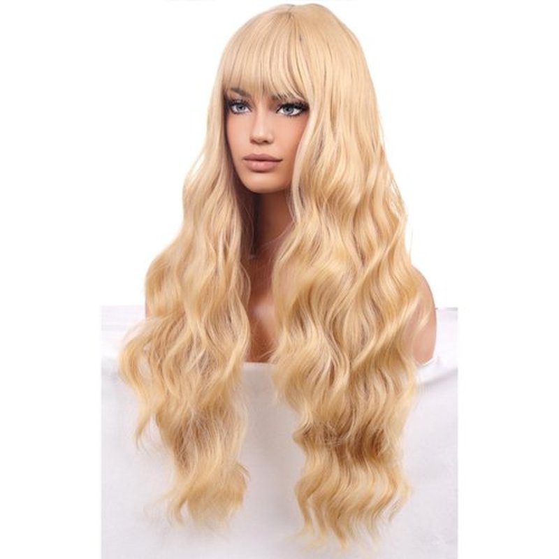 BERON Blonde Wigs Long Wavy Wig for Women with Bangs Costume Curly Heat Resistant Synthetic Hair Wigs for Cosplay or Daily