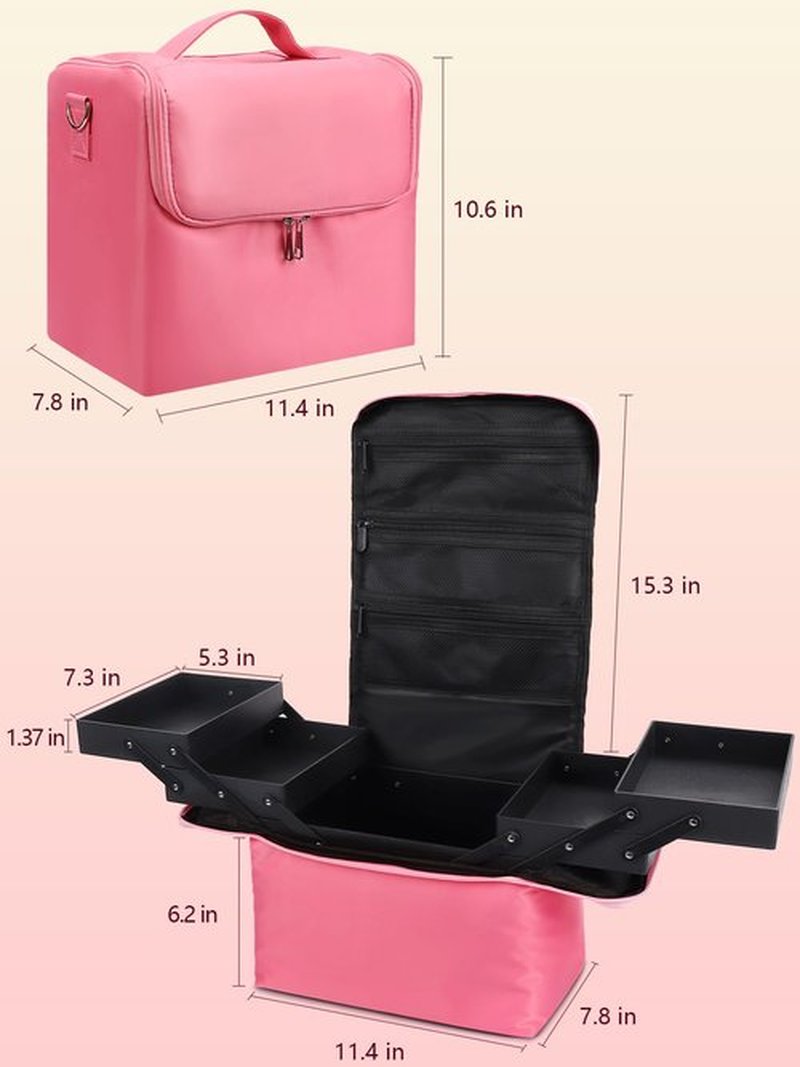Makeup Travel Train Case, Large Pink Makeup Nail Polish Organizer Bag, 4 Tier Professional Makeup Bag Storage Box Cosmetic Train Case with Straps Pockets for Nail Tools Jewelry MakeUp Brushes