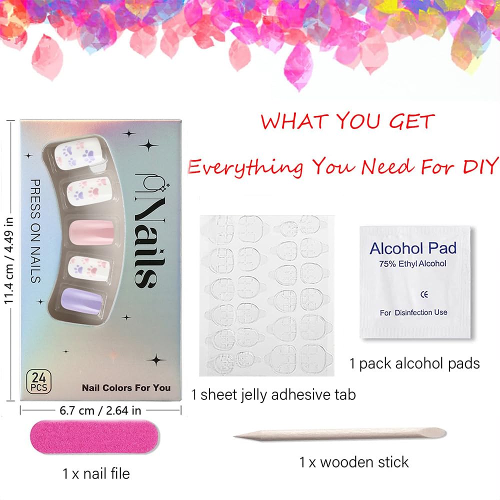 24Pcs Cute Press on Nails Square Short Fake Nails Solid Color Glue on Nails Cat Claw False Nails with Designs Valentine's Day Acrylic Nails Glossy Artificial Stick on Nails for Women Girls