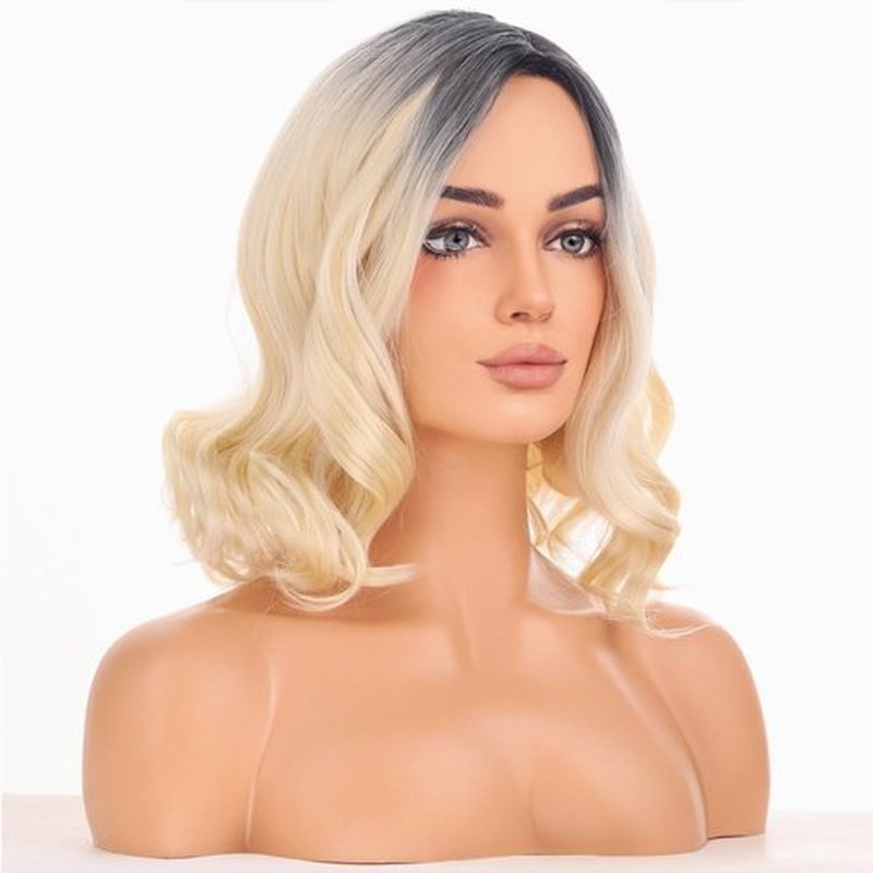 BERON Blonde Ombre Women Wig Girls Short Curly Wavy Hair Wigs Dark Roots Shoulder Length Synthetic Wigs for Daily or Cosplay Used