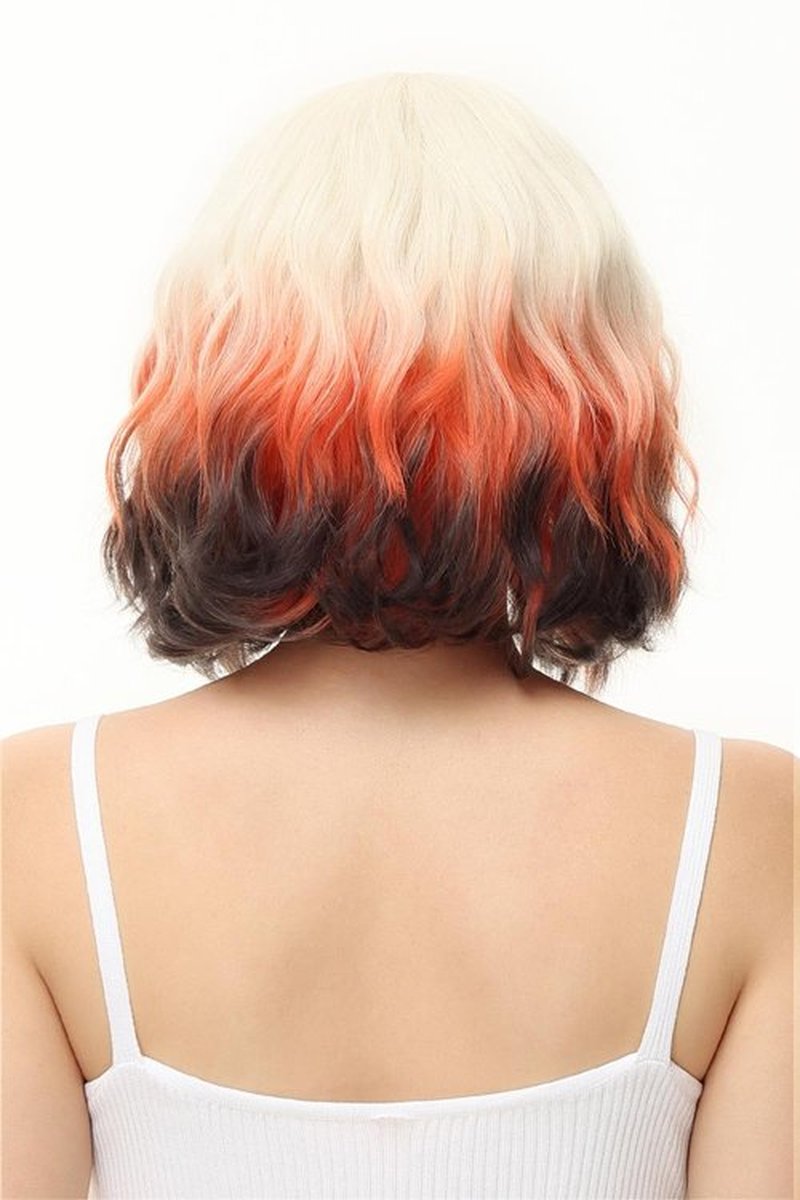 Rose bud Wavy Bob Wig with Bangs Natural Foxy Color Wig Synthetic Hair Shoulder Length Short Curly Wigs for Women
