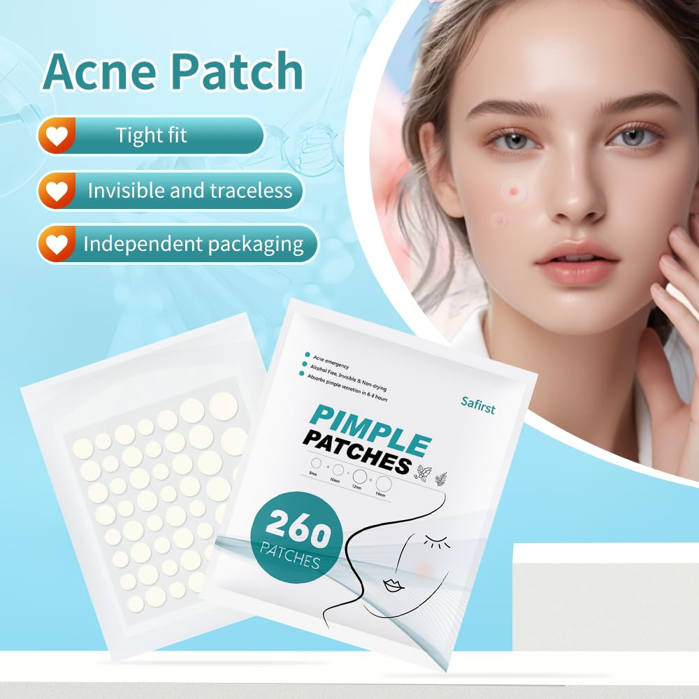 Safirst Sticky Acne Patches Hydrocolloid Pimple Absorbing Patch 4 Size 260 Counts Spot Blemish Invisible Stickers Zit Dot Cover Breakout Treatment