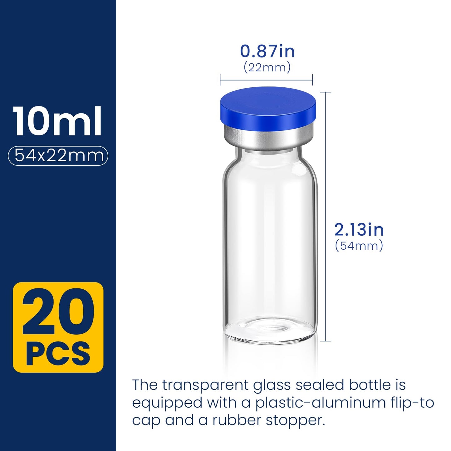 10ml Sterile Vials with Self Healing Injection Port and Sealing Cap, Glass Sterile Vials for Injections 20 Pack（Empty Vial, No Liquid）