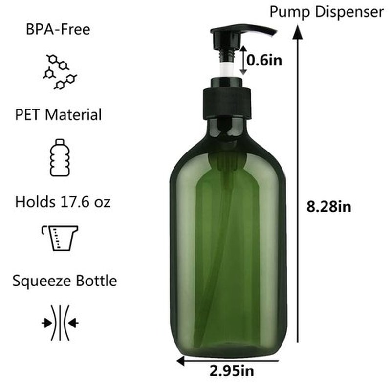 Empty Plastic Bottles with Pump Dispenser and 6pcs Labels Included, Refillable Travel Containers for Hand sanitizer Shampoo Lotion, etc - No BPA/Paraben, 500ml/16.9oz (3 Pack(Green))