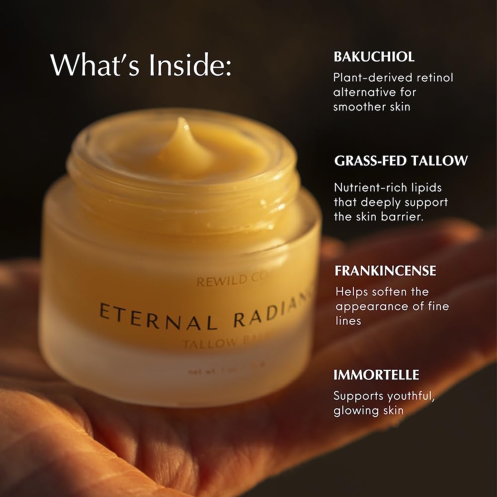 Rewild Co. Grass-Fed Tallow Night Cream with Bakuchiol – Natural Retinol Alternative Face Moisturizer & Anti-Aging Balm, Hydrating Skin Barrier Cream for Mature Sensitive Skin Eternal Radiance