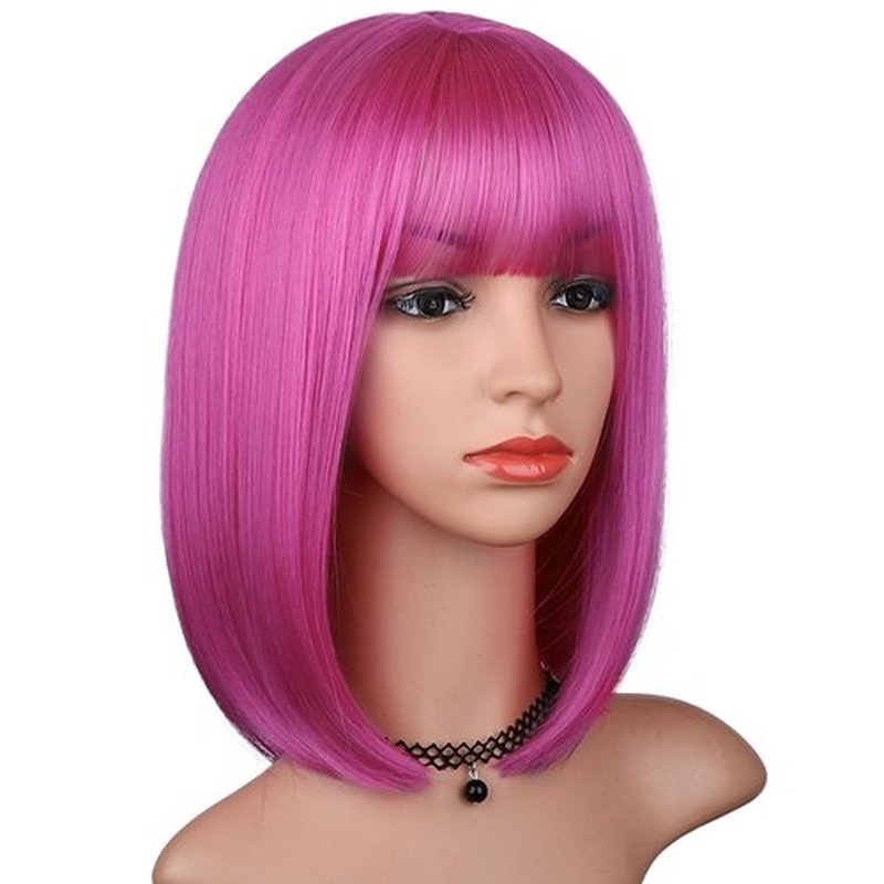 BEAUTIFA Hot Pink Bob Wig with Bangs for Women 12 Inch Short Straight Pink Wigs Synthetic Colorful Wigs