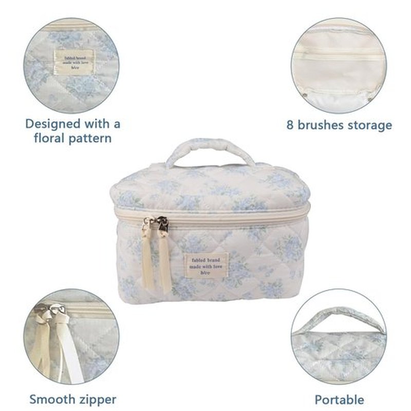 Large Travel Quilted Makeup Bag for Women,Big Floral Cotton Cosmetic Bag, Cute Coquette Aesthetic Floral Toiletry Organizer Bag (Blue Rose)