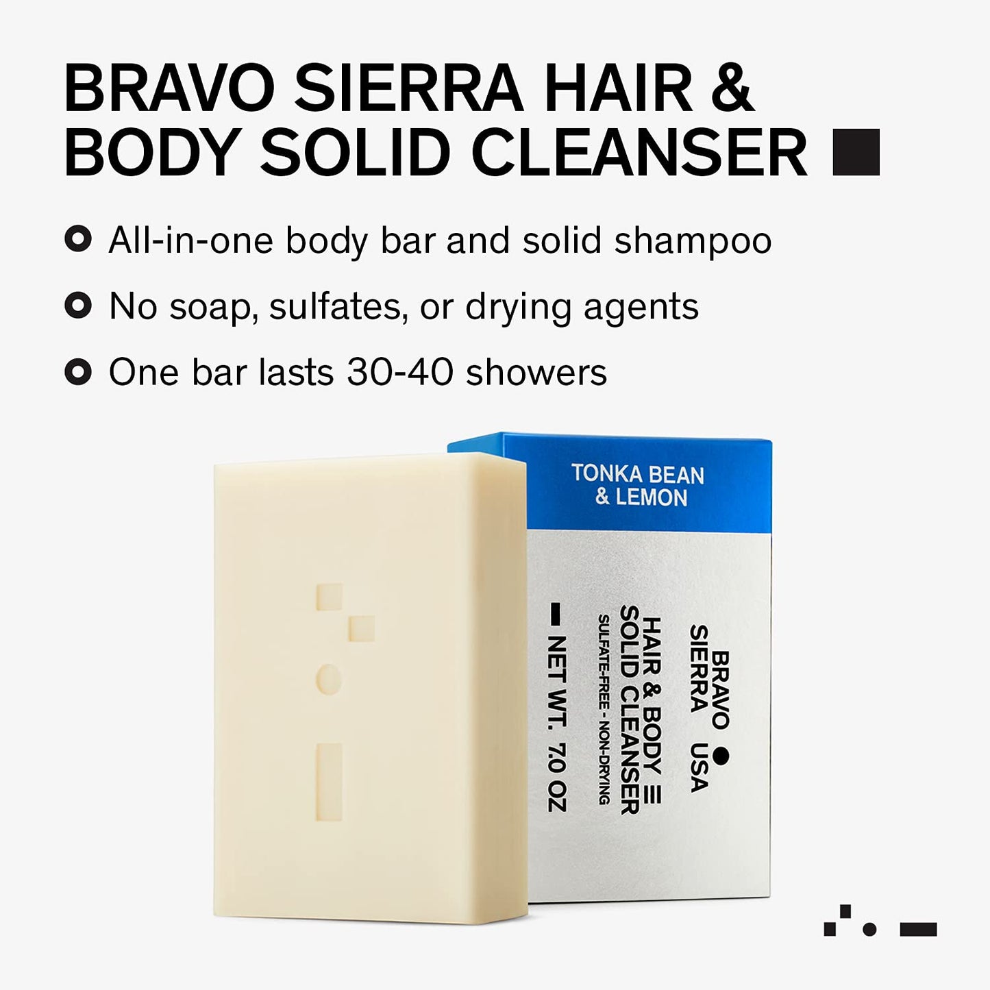 Bravo Sierra Tonka Bean & Lemon Body Bar, 3-Pack - All-In-One Multifunctional Cleanser with Coconut, Shea Butter & Oat Flour for Face, Hair, Body & Healthy Hair, 7 oz