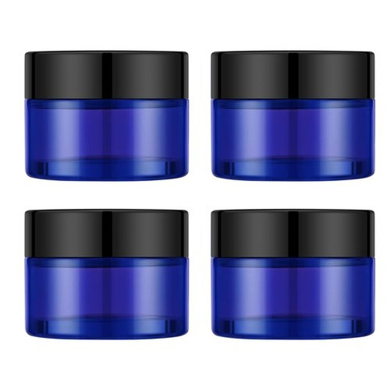 4 Pack 1oz Cosmetic Glass Jars with Lids, Blue Glass Jars with Lids & Stickers, Reusable Empty Round makeup container for Creams, Lotion, Makeup