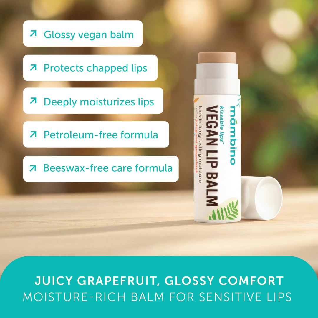 Mambino Organics Kissable Lips Vegan Lip Balm, Glossy Pink Grapefruit Lip Moisturizer, Hydrating Plant-Based Lip Care with Olive & Jojoba Oils, Clean Beauty Lip Product, 7 g