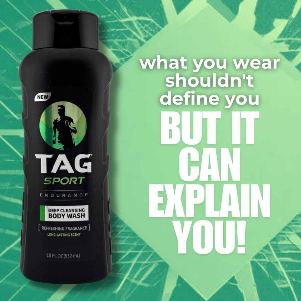 TAG Mens Body Wash, Refreshing Shower Gel, with Deep Cleansing, Long Lasting Fearless Scent, Revitalizing Body Wash Formula for Active Men; 3-Pack (18 Fl Oz Each) (Endurance)