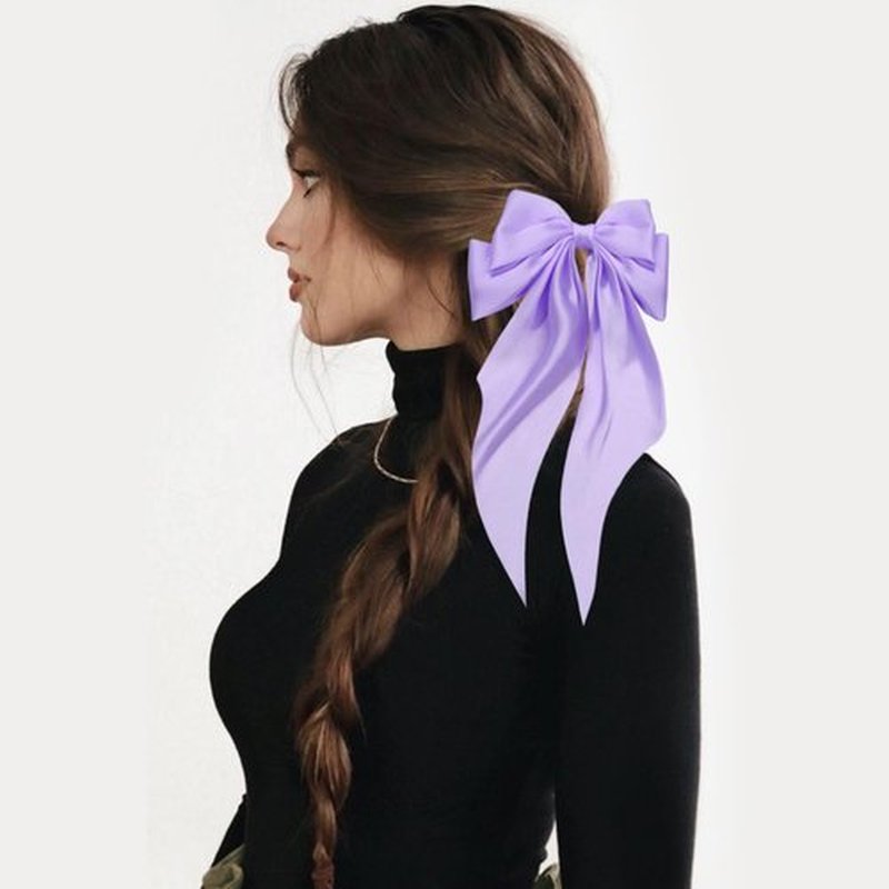 Hair Bows for Women Girls Silky Satin Big Bows Hair Barrettes Oversized Hair Accessories Long Tail Hair Ribbons -3Pcs -Sky Blue Pink Lilac