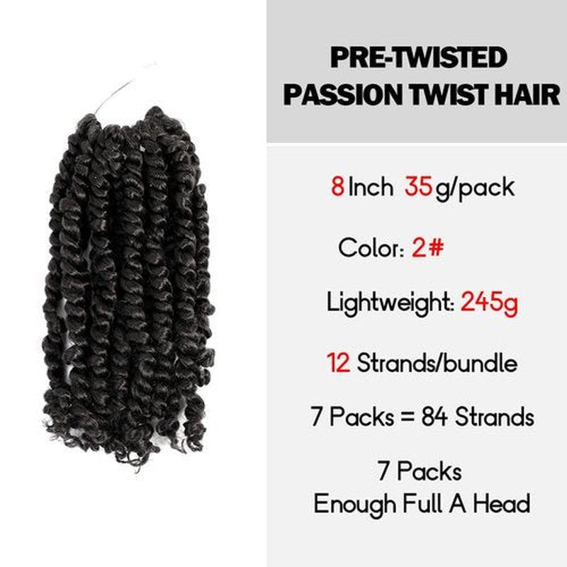 WUDAS Short Passion Twist Hair 6 Inch Pre-twisted Passion Twists Crochet Hair Off Black Pre-looped Synthetic Crochet Braids (7 Packs,2#)