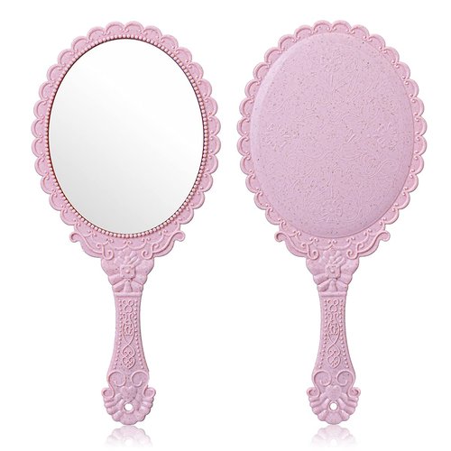 2Pcs Vintage Handheld Mirror,Decorative Mirrors for Face Makeup Cosmetic Mirror Hand Held Travel Mirrors Personal Cosmetic Mirror with Powder Puff(Pink)