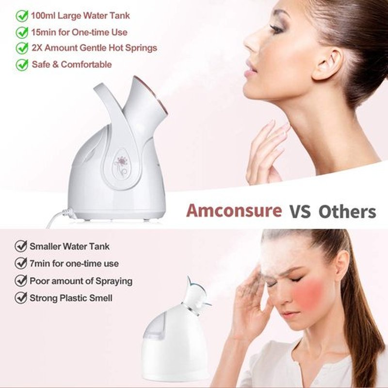 Facial Steamer, Amconsure Nano Ionic Face Steamer for Home Facial, 100ML Warm Mist Humidifier for Women Moisturizing Face Spa Steamer, Unclogs Pores-Bonus Stainless Steel Skin Kit and 2 Face Scrubbers