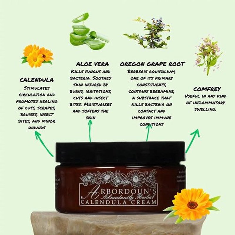 Calendula Cream 9oz Amber Jar Contains Comfrey, Oregon Grape, Aloe, Beeswax. Tattoo Aftercare Kit Essential. Soothing Eczema Salve. Home Grown and Hand Poured Since 1984 Arbordoun Ingredients Insert