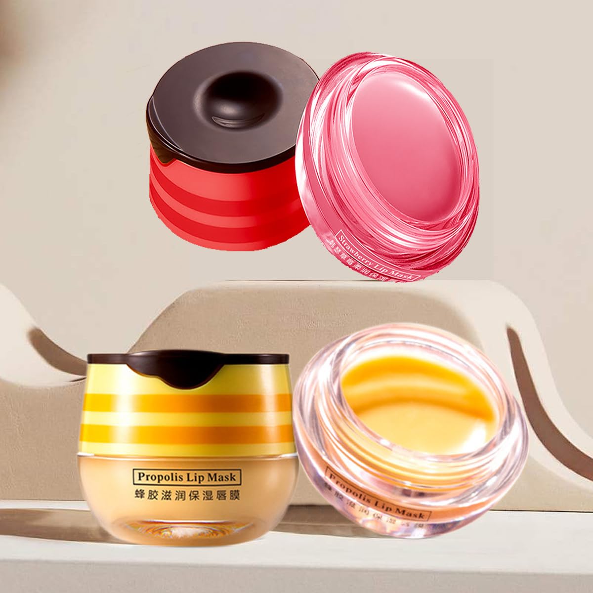 2 Pcs Bee Lip Balm Honey Pot, Honey & Strawberry Lip Mask Propolis