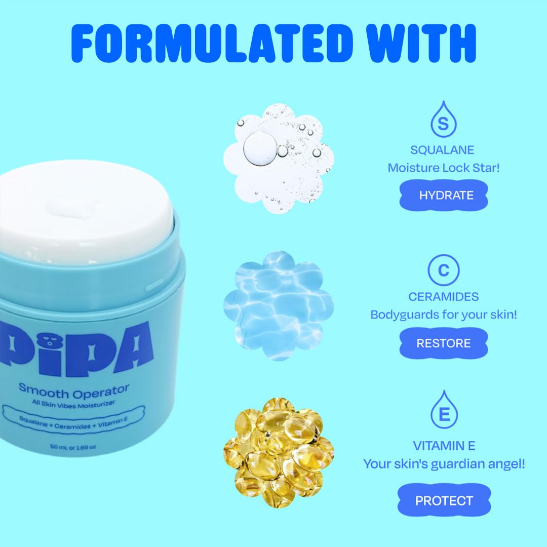 Pipa Skincare Smooth Operator Kids Face Moisturizer 1.7 oz | Clean, Non-Toxic, Hypoallergenic, Fragrance-Free Lotion | Multi-Vitamin Ceramides Cream | Gentle Skin Care Birthday Gift for Tweens
