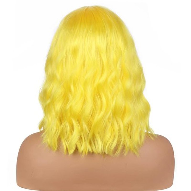 BERON 14 Inches Yellow Wig Wig for Women Girls Yellow Wig Short Curly Synthetic Wig with Bangs Yellow Wigs with Wig Cap