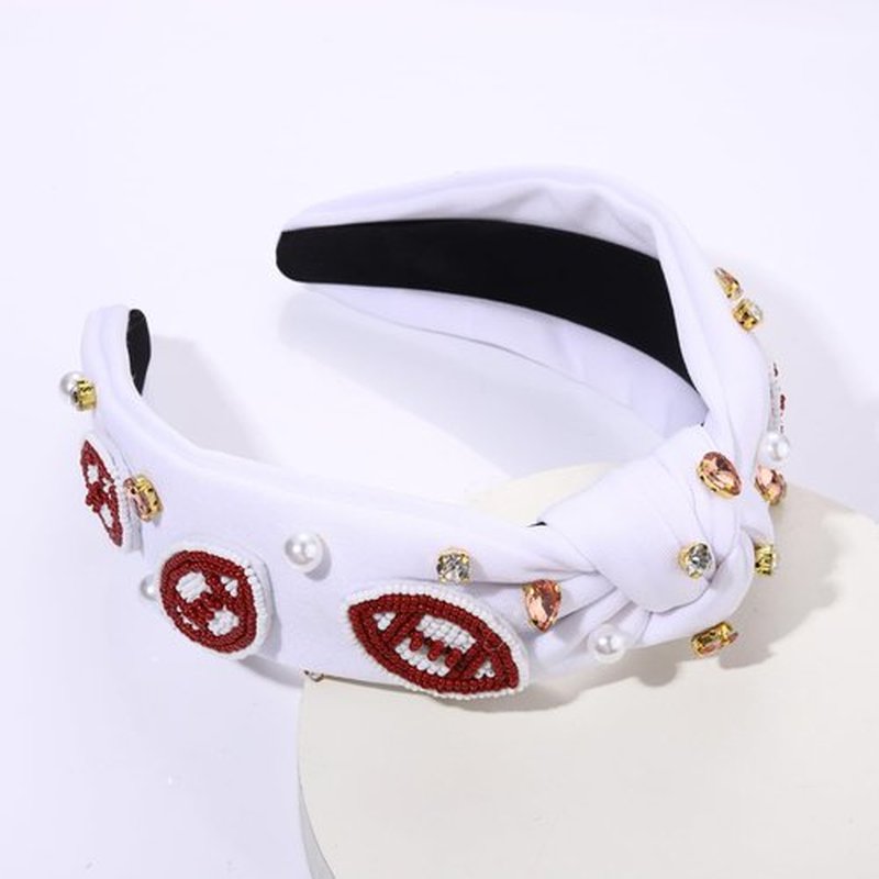 JERTOCLE Football Knotted Headbands for Women Game Day Sports Headband Pearl Crystal Bejeweled Wide Top Knot Hairband Game Day Hair Accessories (White Brown)