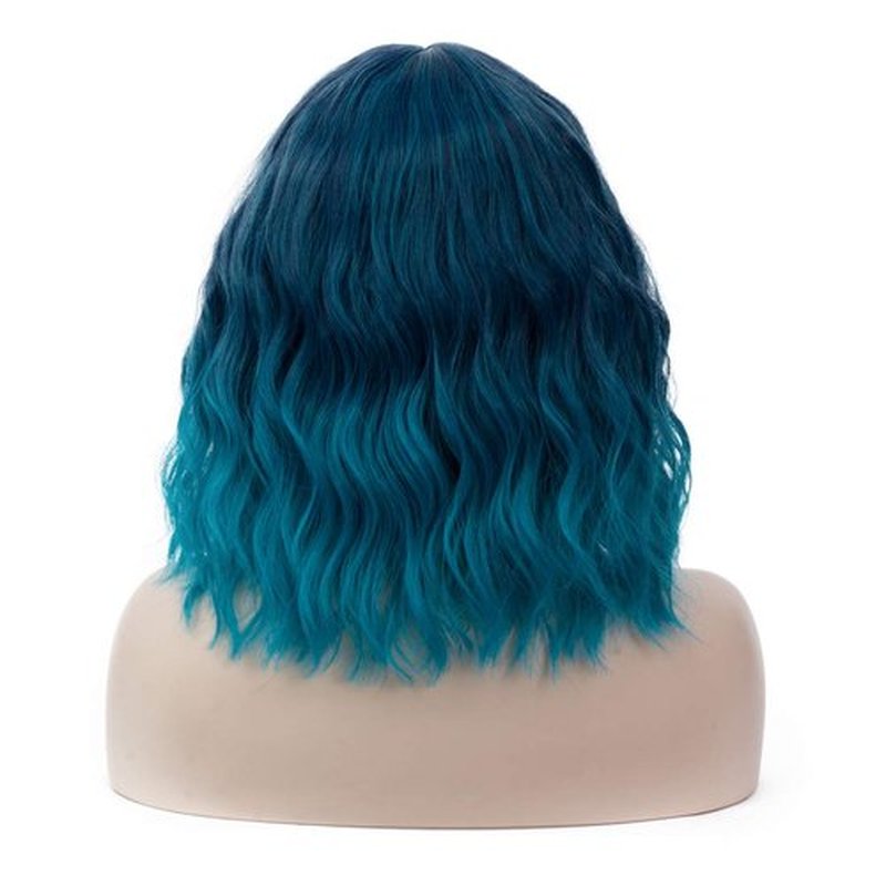 WGPFWIG Women's Blue Ombre Wig Short Curly Wavy Wig Shoulder Length Flat Bangs Wig For Women Girl Cosplay Party Halloween Wig Cap Included (Blue Ombre)