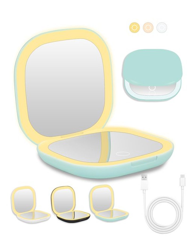 Dec.Metu Compact Mirror, 1X/5X Magnification Pocket Travel Makeup Mirror with Lights for Purse Rechargeable Small Handheld Mirror for Gift Green