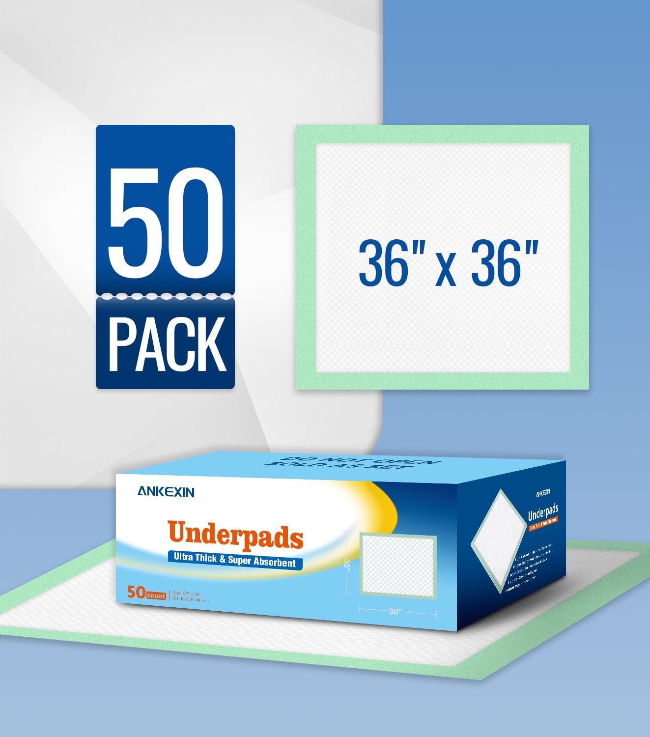 ANKEXIN 36'' x 36'' Disposable Bed Pads for Incontinence Heavy Duty Chucks Pads, 50 Count Leak-Proof Absorbent Underpads for Adults, Pets, Postpartum Care