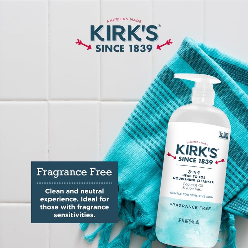 Kirk's 3-in-1 Nourishing Cleanser | Fragrance-Free Shampoo, Body Wash & Bubble Bath with Coconut Oil & Aloe Vera - 32 Fl Oz (Pack of 2)