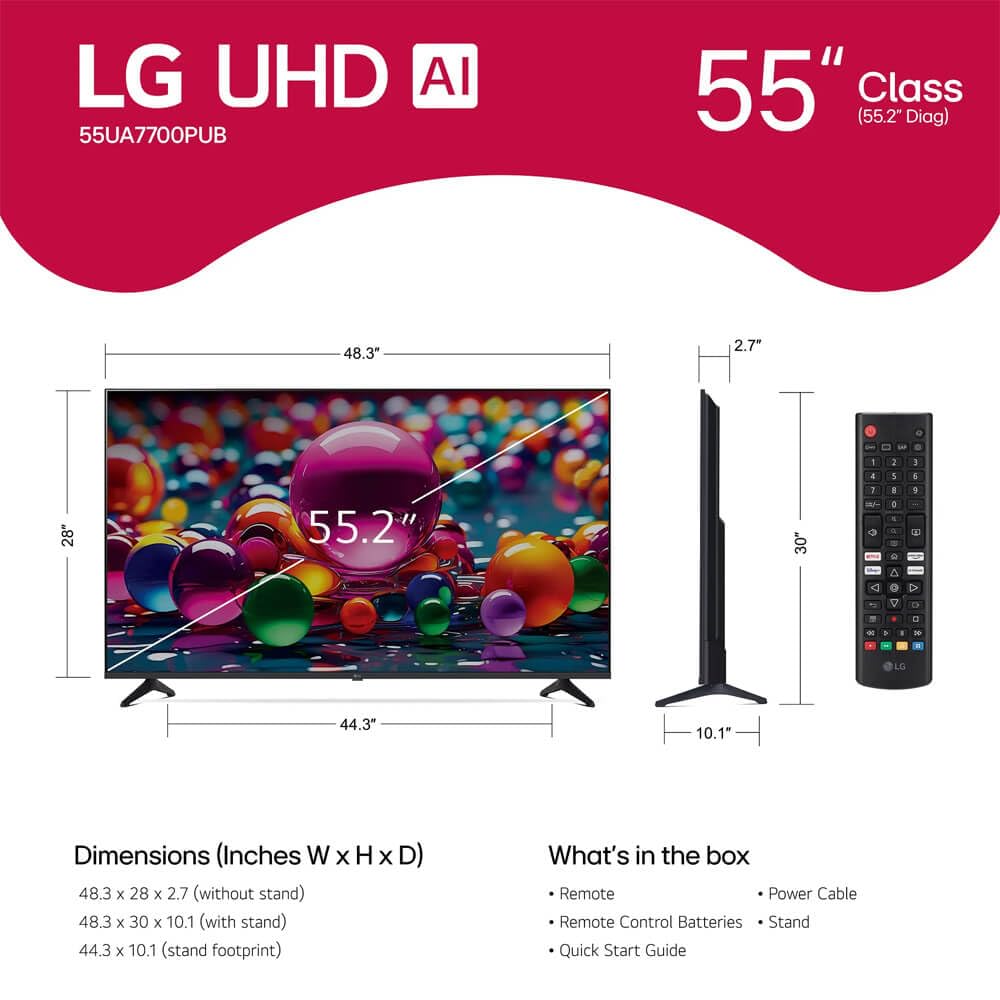 LG 55 Inch Class UA77 Series LED AI 4K Smart webOS TV (2025 Model) + HDMI Cable + 12 Month CPS Warranty + Streaming Bundle – HDR10, ThinQ AI, Wi-Fi 6, Voice Control, Slim Design (55 inch)