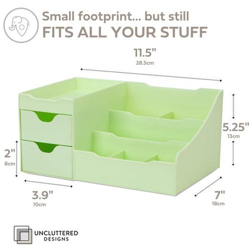 Uncluttered Designs Makeup Organizer With Drawers - Modern Countertop Storage for Cosmetics - Chic Vanity Holder for Perfume, Skincare, Brush, Lipstick, Nail Polish Organization & Display (Green)