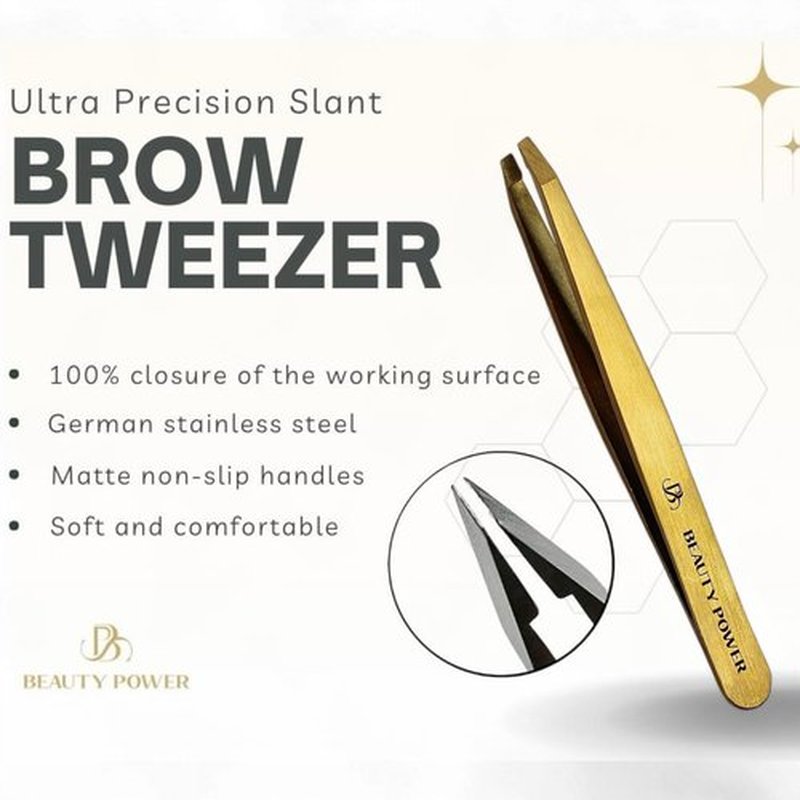 Beauty Power Professional Tweezers - Slant, Durable Lightweight German Stainless Steel, Ultra Precision Tweezers for Eyebrows, Facial Hair, Chin, and Ingrown Hair Removal (Matte Gold)
