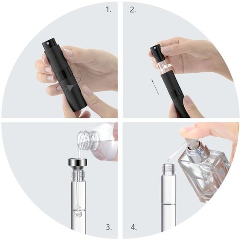 Lil Ray 8ml Portable Mini Perfume Atomizer(4 PCS)，Refillable Empty Small Spray Bottle for Travel, Twist Tpye Pocket Cologne Sprayer (Silver)