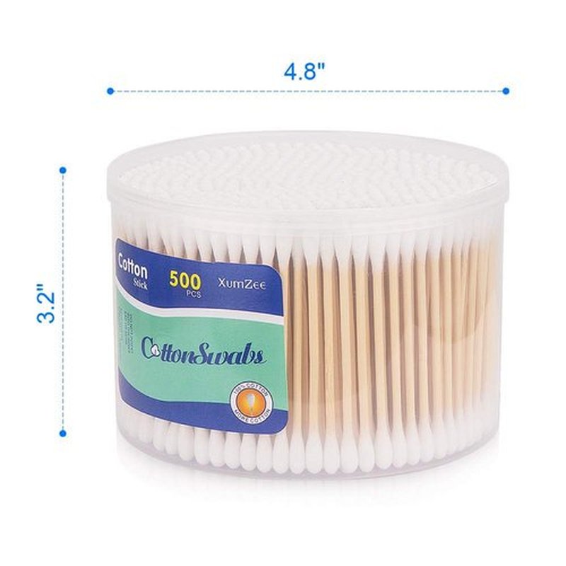 500 Count Cotton Swabs with Strong Bamboo Sticks by Xumzee, Pure Natural Cotton Heads, Biodegradable, Cruelty-Free Cotton Buds