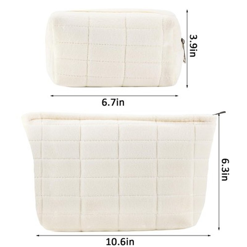 ZLFSRQ 2Pcs Makeup Bag for Women Trendy Large Capacity Cosmetic Bag Plush White Checkered Makeup Pouch for Purse Coquette Zippered Bag Organizer Y2K Aesthetic Accessories Makeup Brushes Storage Bag