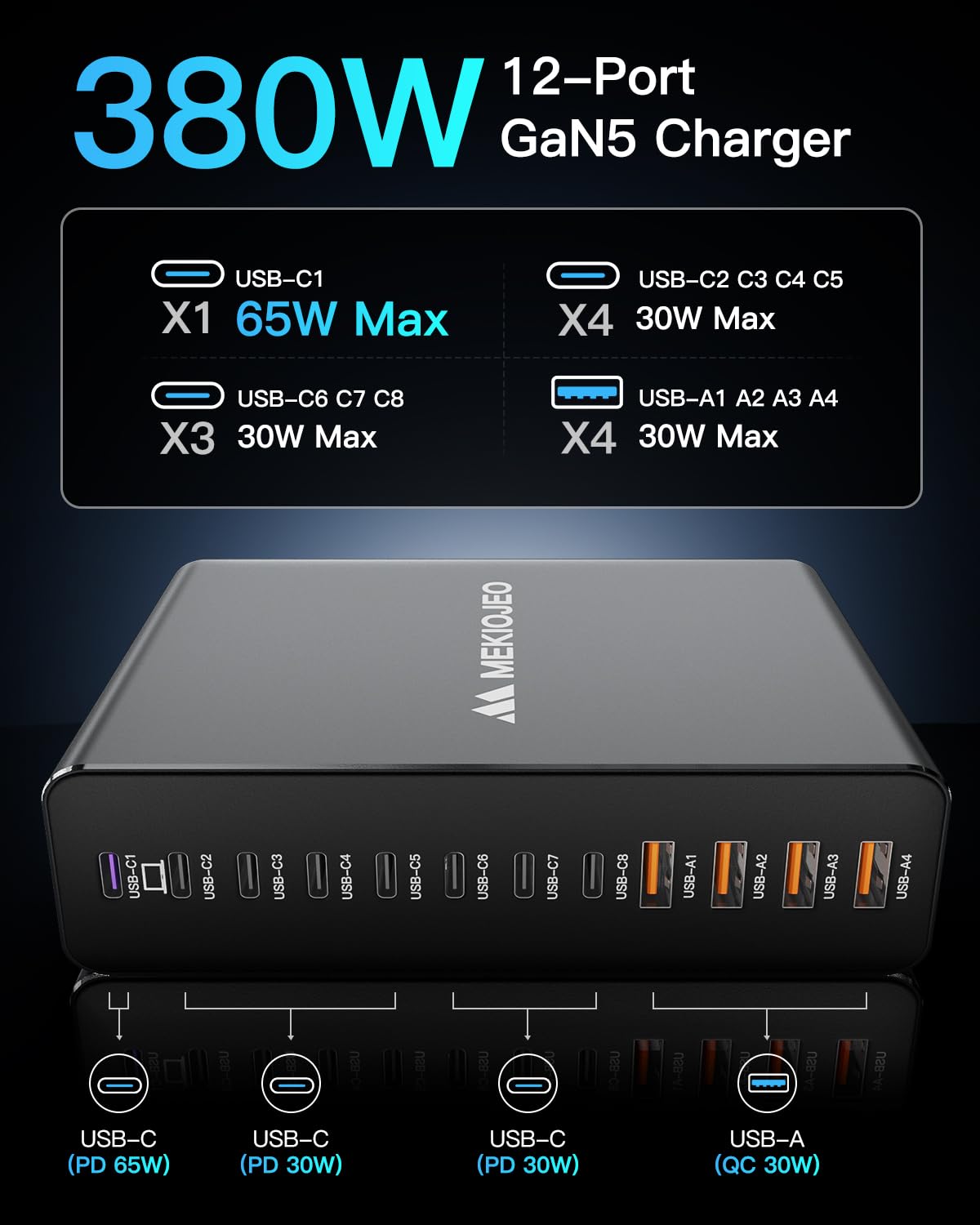 12 Ports Aluminum Alloy 380W Charging Station Fast USB C Charger Block