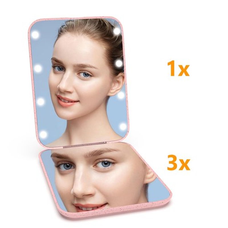 Kintion Wheat Straw Mirror, 1X/3X Magnification Pocket Mirror, Lighted Plastic Fiber Mirror, Folding Purse Mirror, Handheld Travel Mirror, Small Lighted Compact Mirror for Gift, Pink