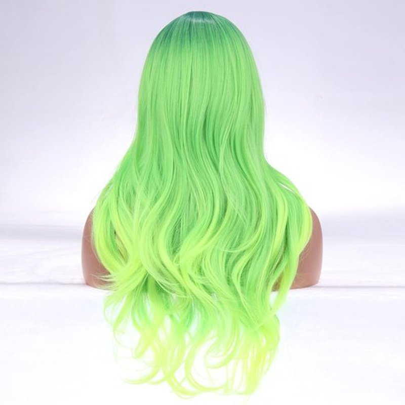 BERON 26 Inches Neon Green Wig Long Wavy Soft Synthetic Wig with Straight Bangs for Women Girls Wig Cap Included