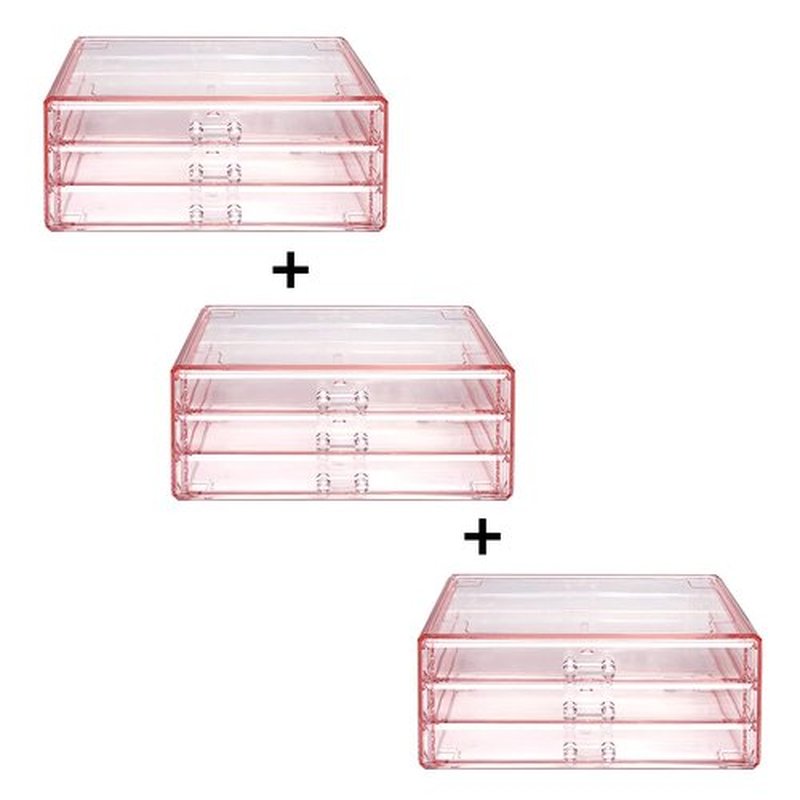 Ikee Design 3-Piece Set Pink Acrylic Drawer Storage Organizer, Ideal for Jewelry, Makeup, Home, and Office Storage,9.38 W x 5.38 D x 12.75 H in