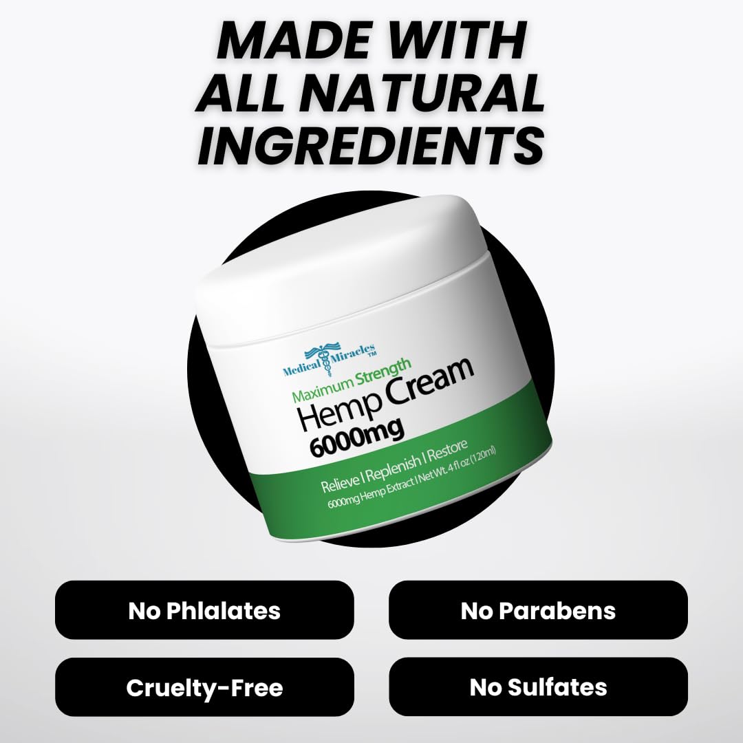 Medical Miracles Hemp Relief Cream - Ideal Relief for Muscles, HIPS, Joints, Neck, Back, Elbows, Fingers, Hands, Knees (6000mg) New 4 OZ Size.