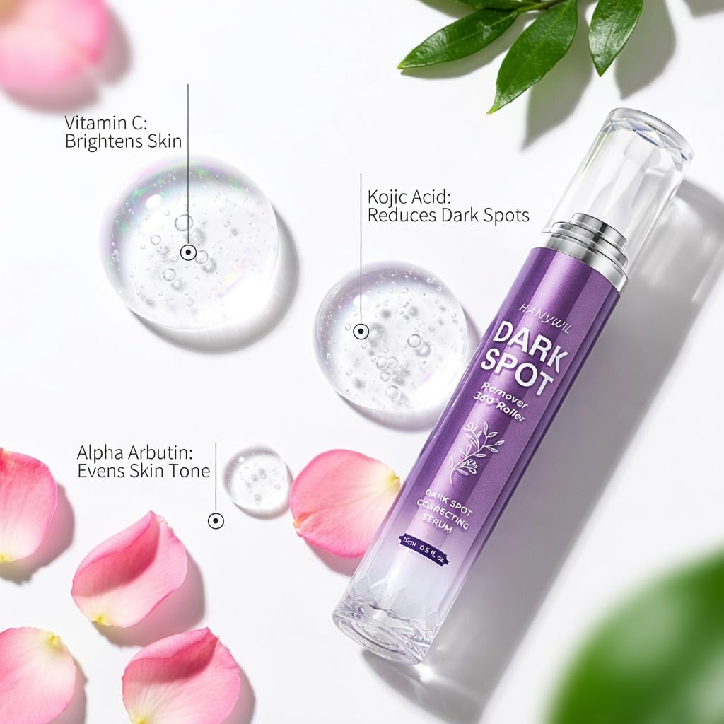 HANYWIL Dark Spot Remover for Face and Body, Dark Spot Corrector Serum with Vitamin C, Kojic Acid & Alpha Arbutin – Age Spot, Sun Spot, Roller Applicator Skin Care Serum