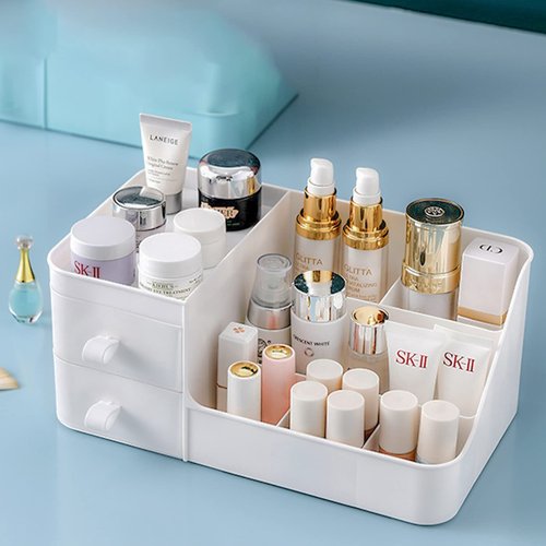 POFUOT skin care organizer,Makeup Desk Organizer With Drawers,Countertop Organizer for Cosmetics,Vanity brush with Holder for Lipstick, Brushes, Eyeshadow, and Desktop (polar white)