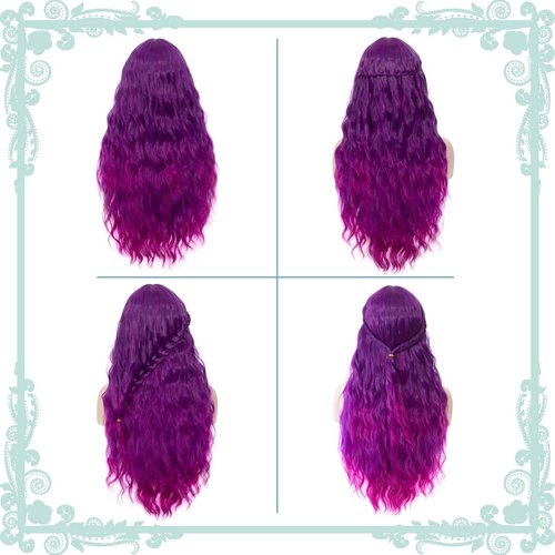 WGPFWIG Women's Bright Purple Ombre Wig 27 Inches Long Curly Wavy Hair Wig Heat Resistant Fibers Synthetic Wig For Women Girl Cosplay Party Halloween Wig Cap Included (Bright Purple Ombre)