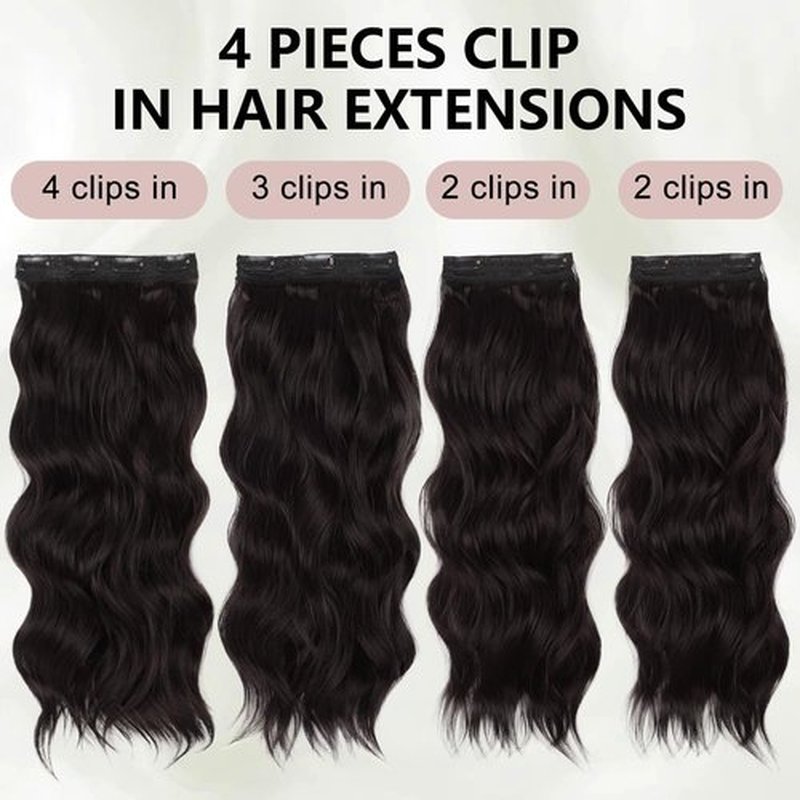 ALXNAN Hair Extensions, 4PCS Clip in Hair Extensions,20 Inches Dark Brown Long Wavy Natural Soft Synthetic Hairpieces for Women