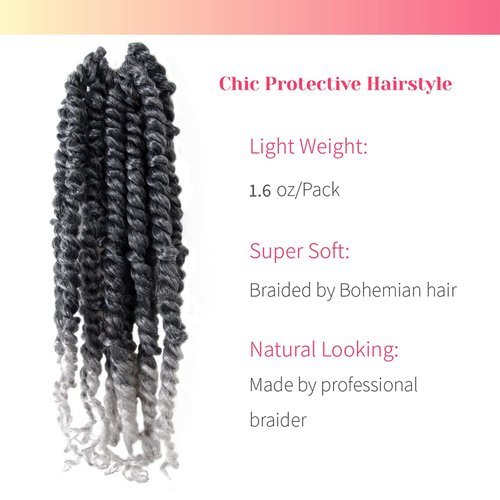 The BOHOBABE Pre-twisted Passion Twist Crochet Hair 10 Inch Short Ombre Gray Pre-looped Crochet Passion Twist Braiding Hair 8 Packs (T1B/grey)