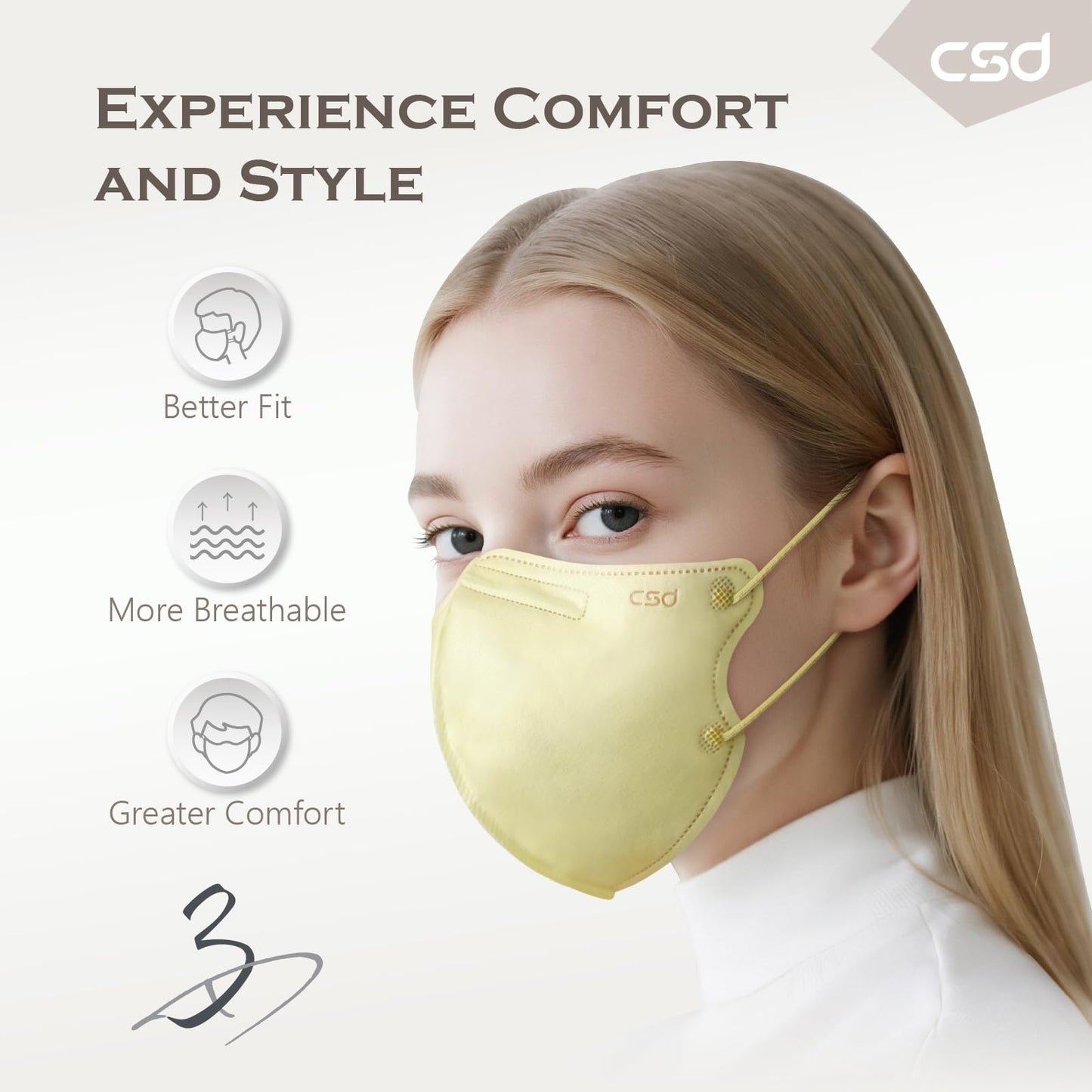 CSD 30 Pcs Calla Yello 3D Disposable Face Masks, 3 Ply Adult Teens Mask with Elastic Ear Loop, Nose Bridge Clip, Breathable Comfortable Mask Great for Indoor, Outdoors Use (Calla Yello)