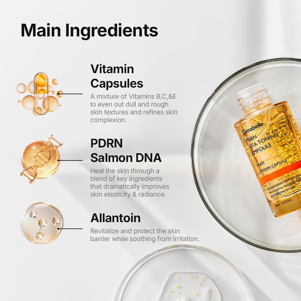 Genabelle PDRN Vitamin c Serum Toning Ampoule - Lightweight Glass Skin,korean skin care with Vitamin B, C, E, PDRN, Serum for Blemishes, Glass Skin, Fine Lines and Rough Skin Texture, 1.01 fl oz