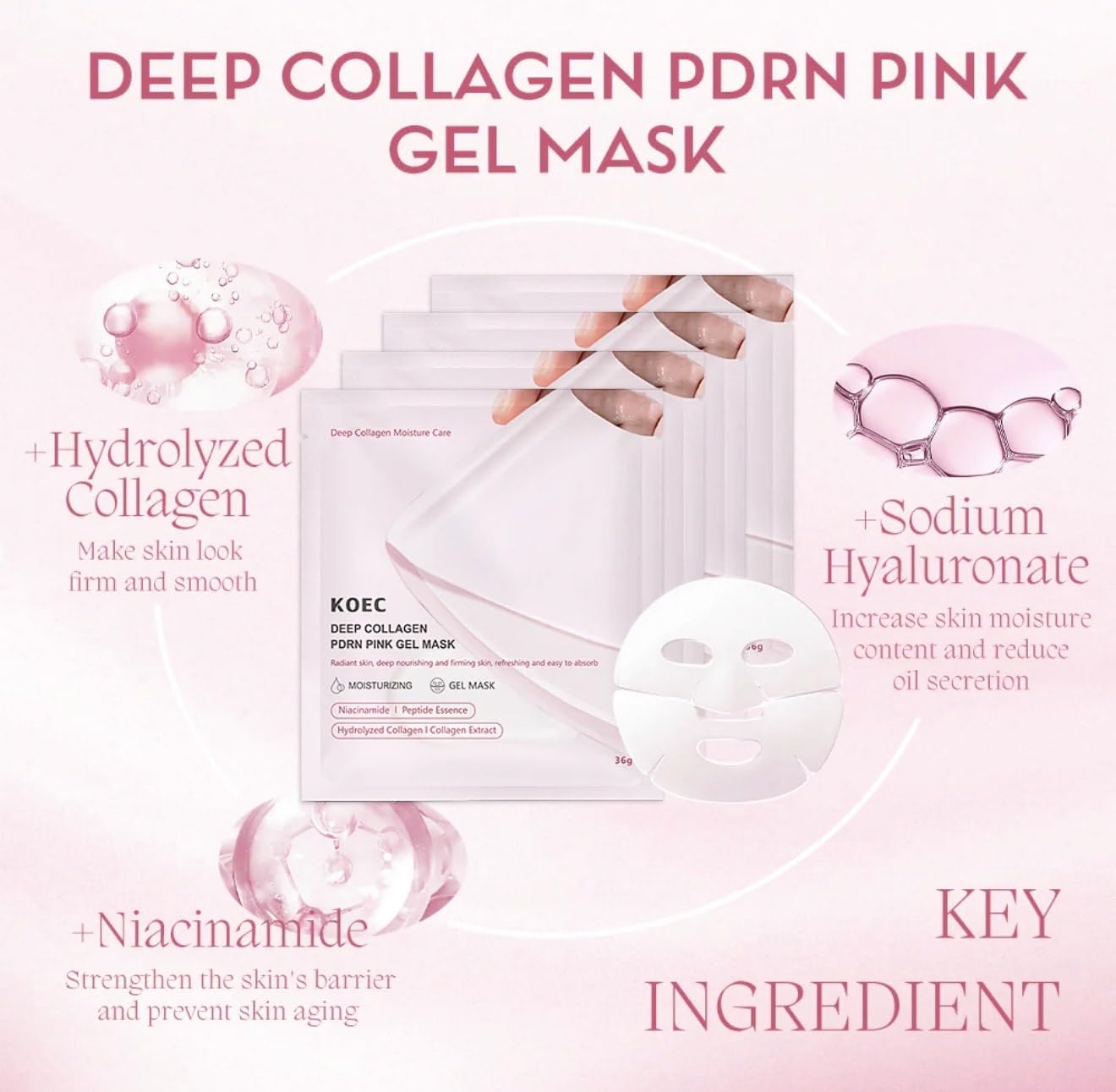BEAUTIVANA KOEC Deep Collagen PDRN Pink Gel Mask, Moisturizing Face Treatment with Niacinamide, Peptide Essence, Hydrolyzed Collagen, 36g